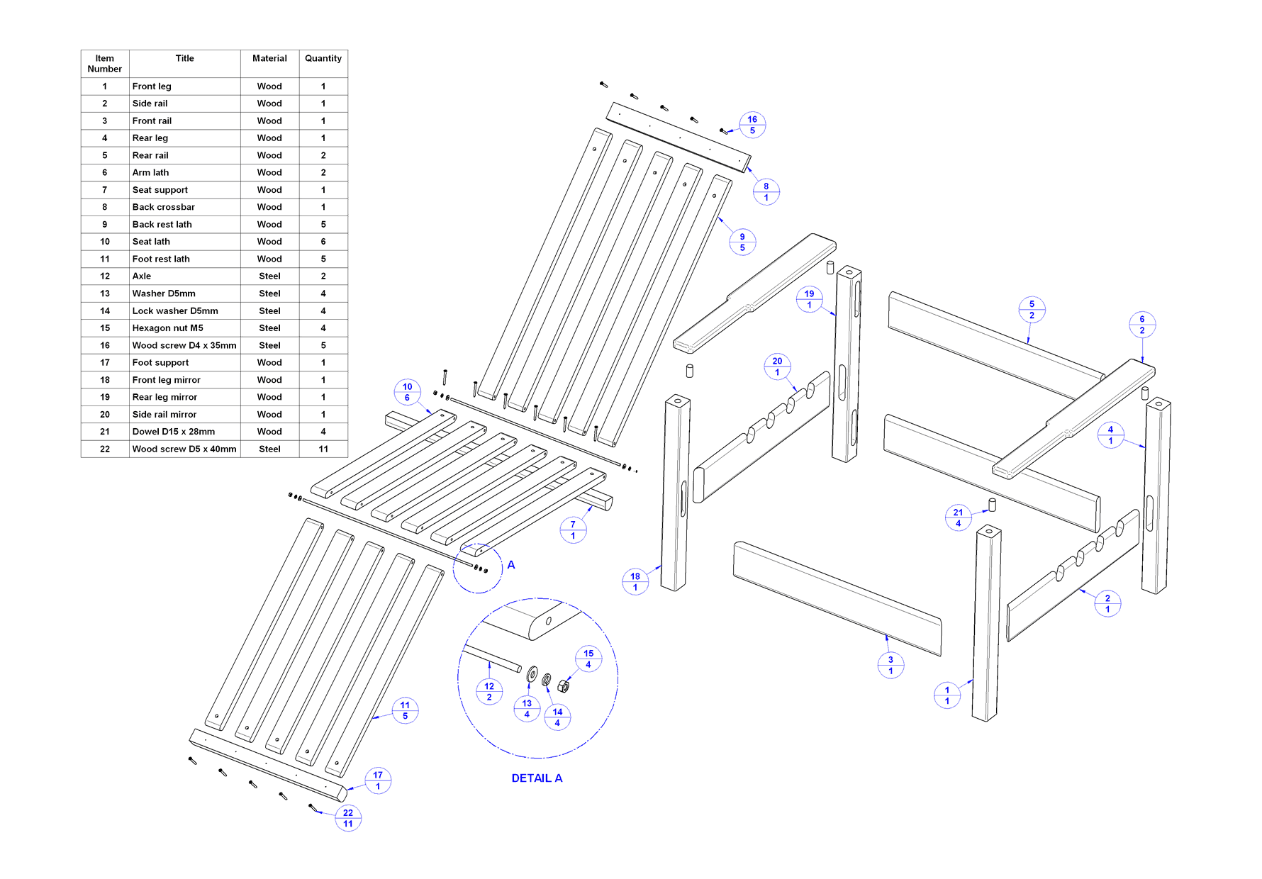 Garden adjustable wooden chair plan – Parts list