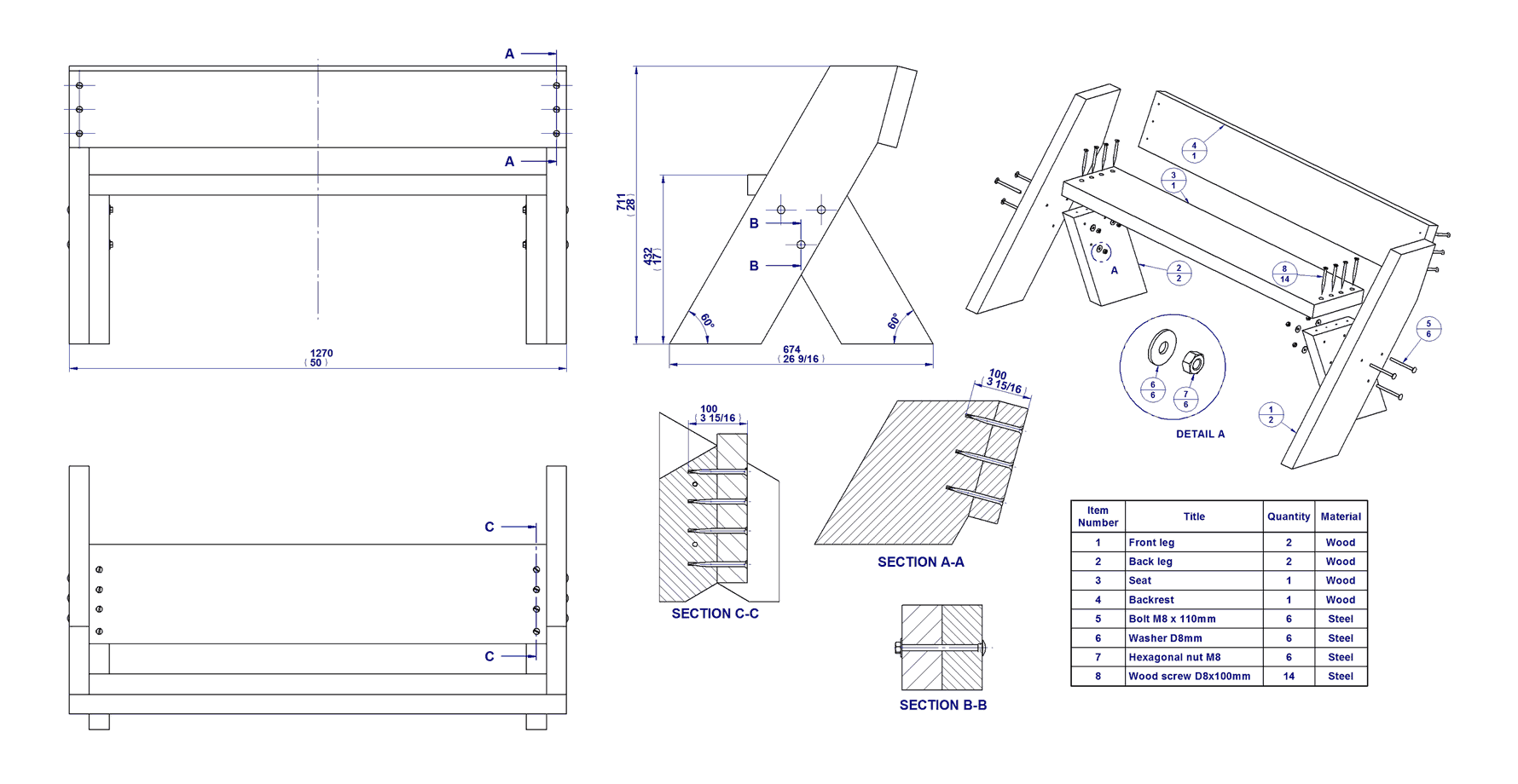 Aldo Leopold bench plan - Parts drawings (High resolution image)