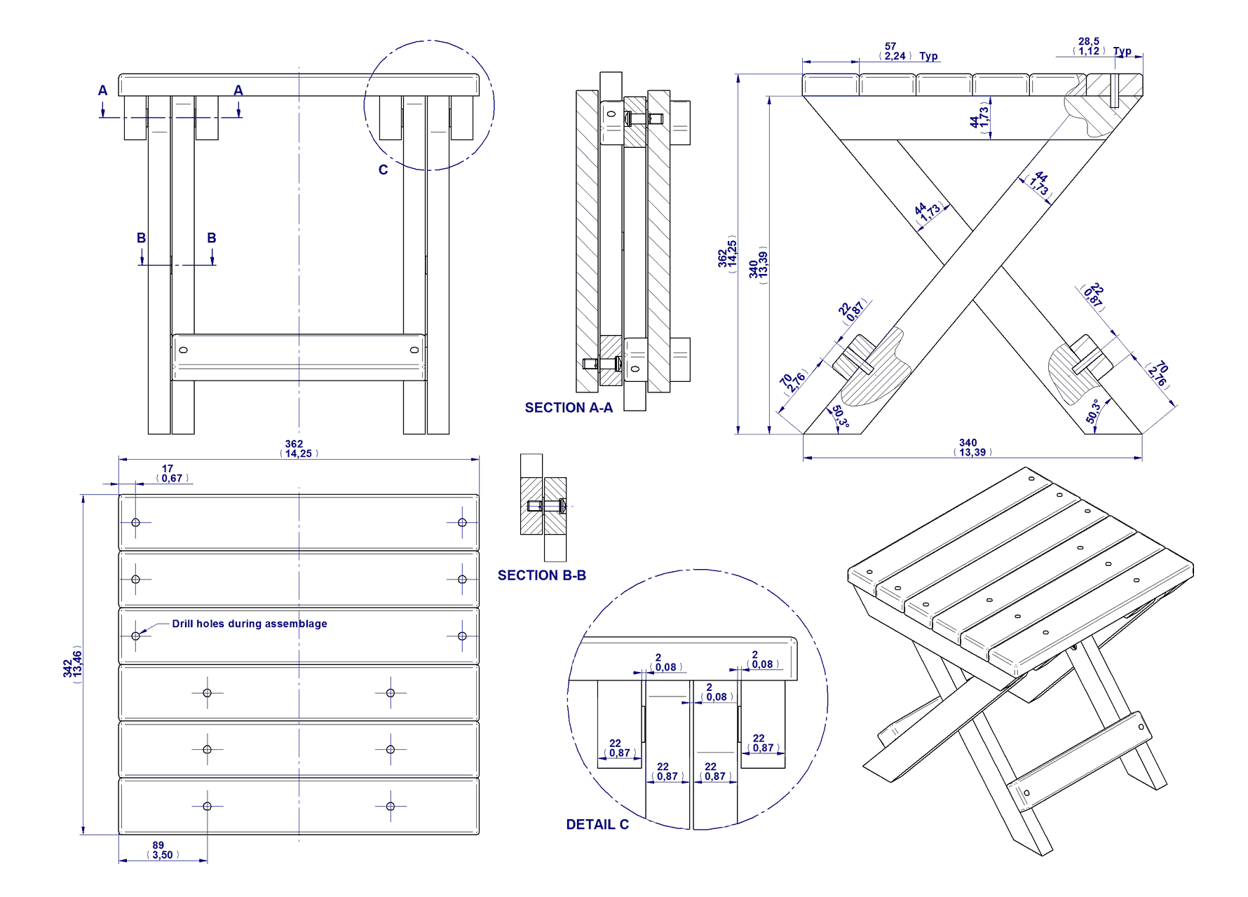 Camping stool plan - Assembly drawing