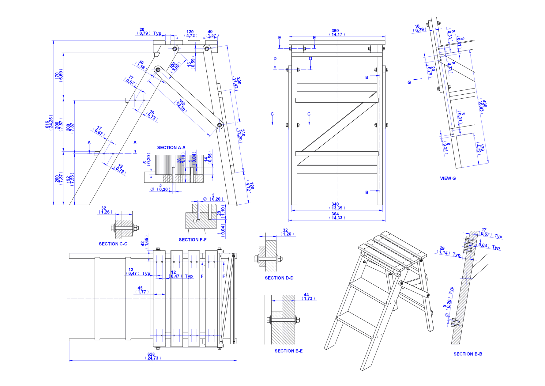 Folding step ladder plan - Assembly 2D drawings