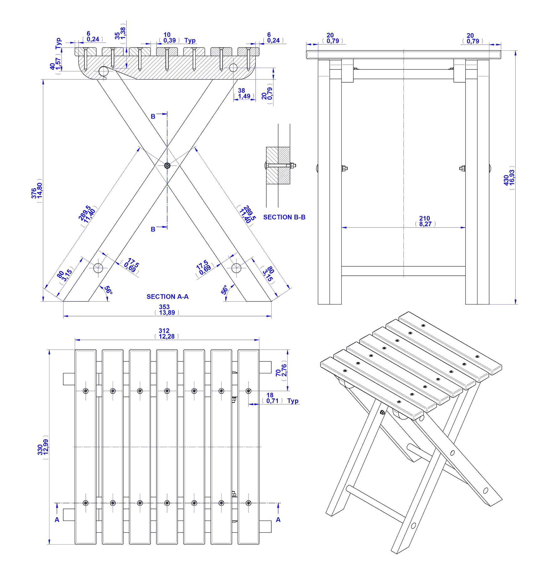Folding stool plan - Assembly 2D drawing