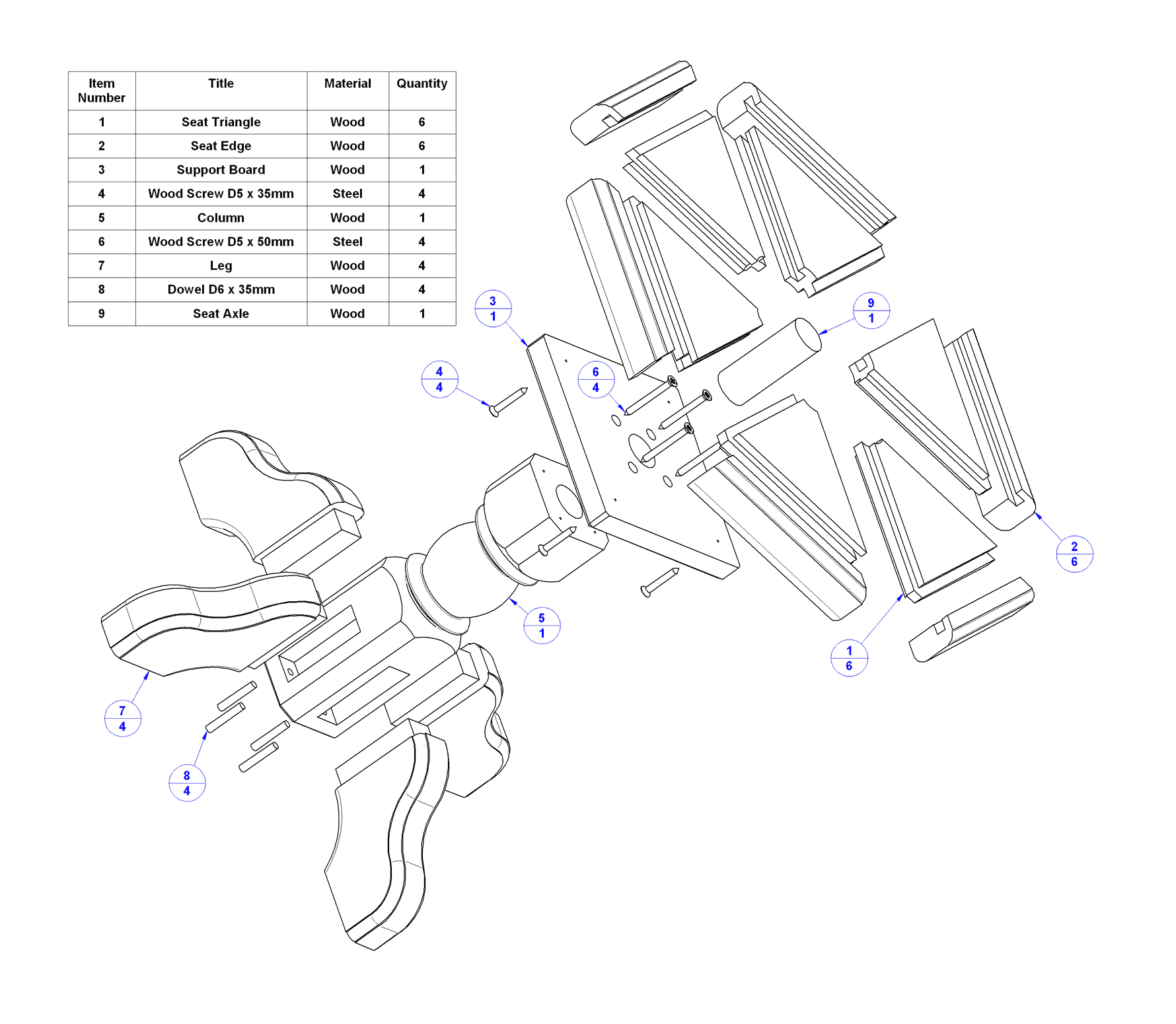 Hexagon stool plan - Parts list