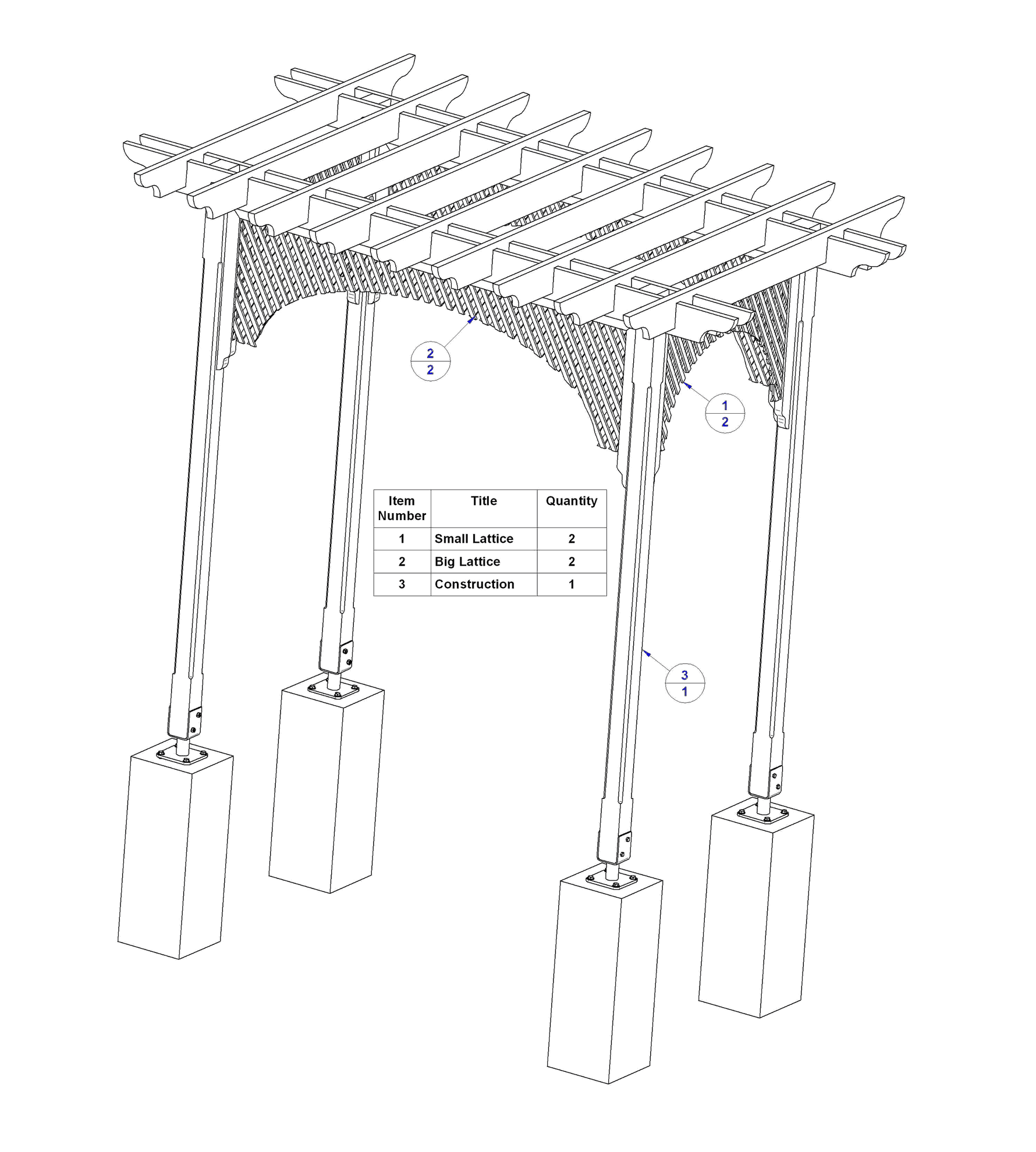 wooden arbor with lattice plan - Subassembly list Garden wooden arbor 