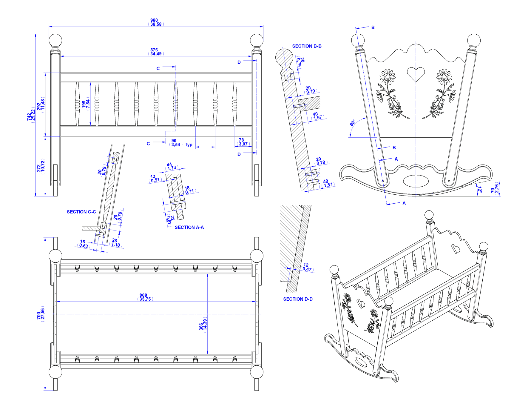 Rocking baby cradle plan - Assembly 2D drawing