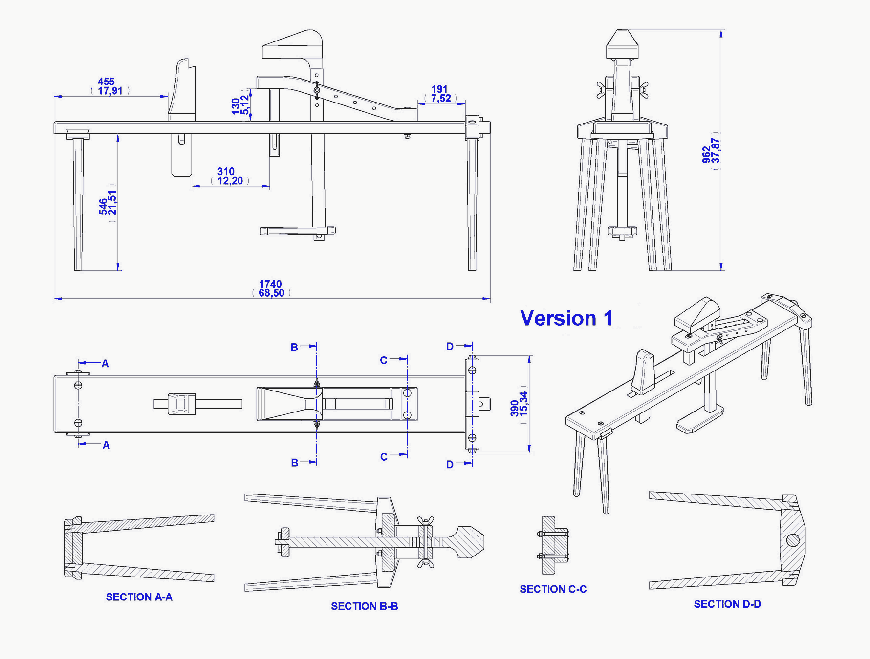 Shaving horse plan - Assembly 2D drawing (Variant 1)