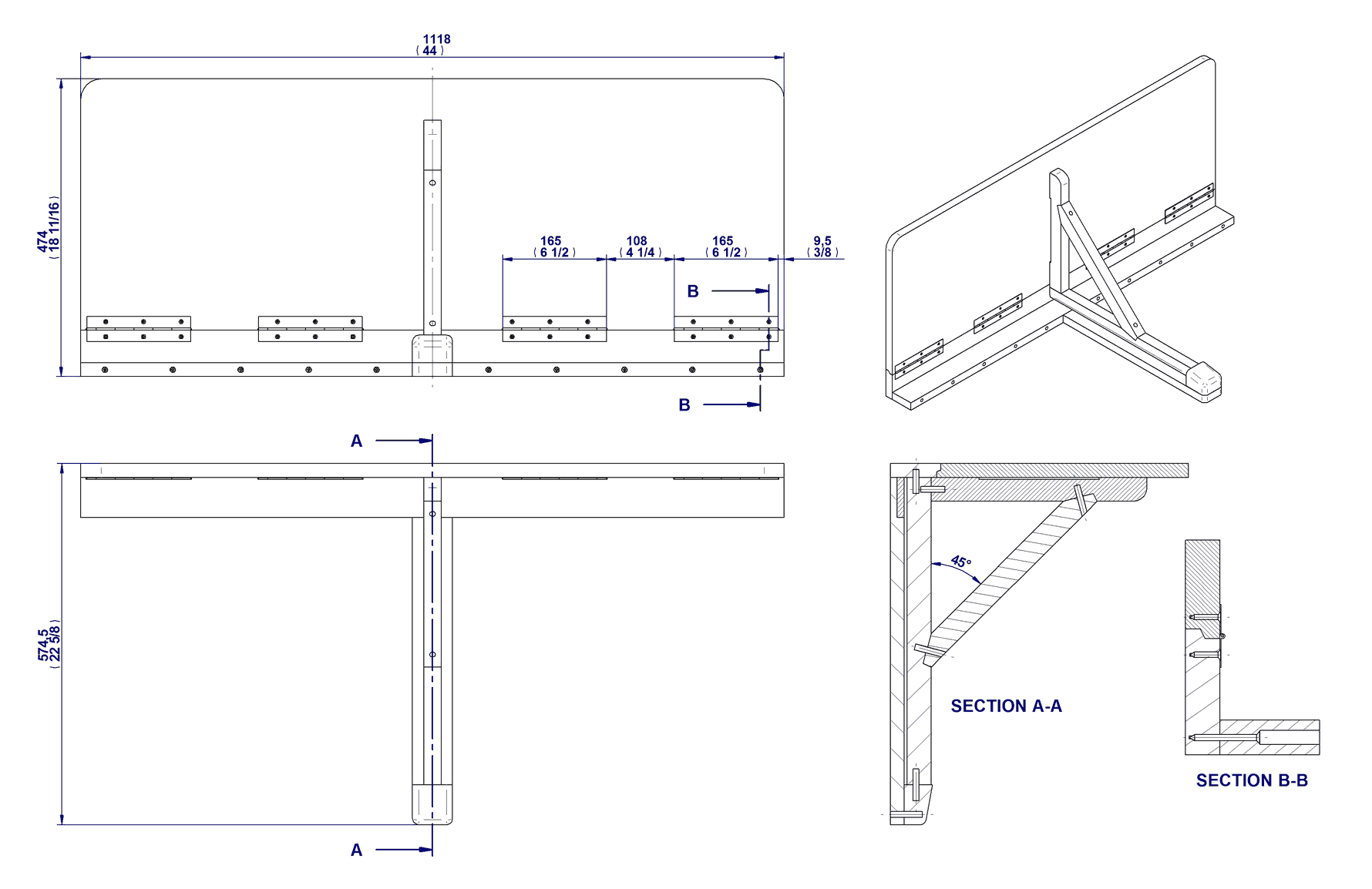 Wall-mounted drop-leaf folding table - Assembly drawing