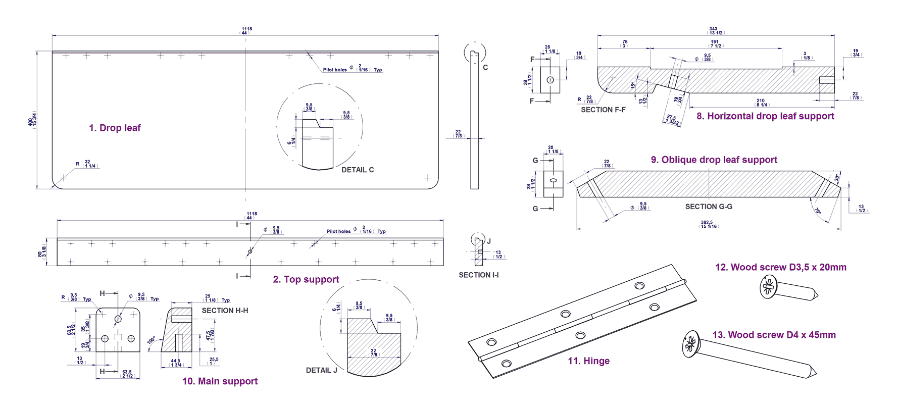 Wall-mounted drop-leaf folding table - Parts drawings 1