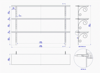 3 tier scroll wall shelf - Assembly drawing