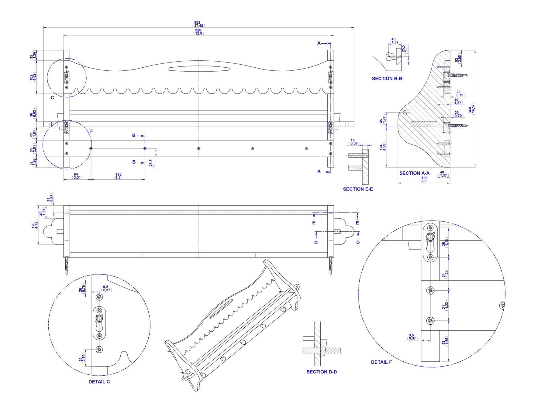 Wooden wall shelf with pegs plan – Assembly 2D drawing