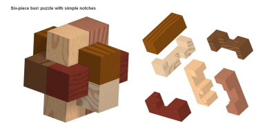 Six-piece burr puzzle with simple notches plan