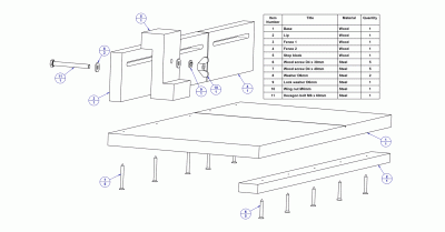 Sizing board jig for crosscut - Parts list