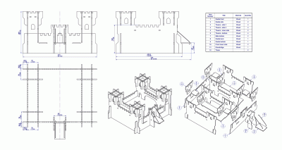 Castle toy four towers - Assembly drawing and parts list