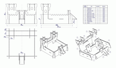 Castle toy two towers - Assembly drawing and parts list