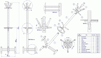Coat stand with umbrella holder - Assembly drawing