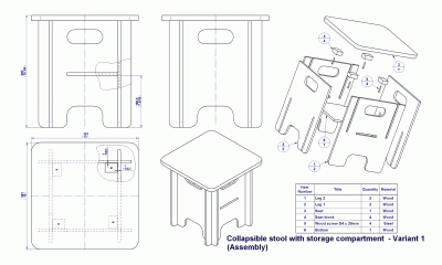 Collapsible stool with medium storage compartment - Assembly drawing