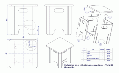 Collapsible stool with big storage compartment - Assembly drawing
