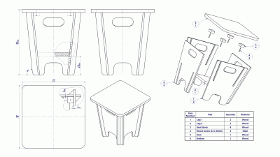 Collapsible stool with slanted storage compartment - Assembly drawing