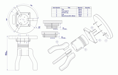 Folk art stool - Assembly drawing. exploded view and parts list