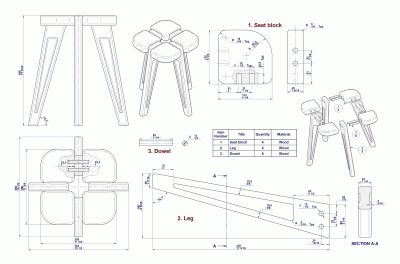 Kitchen stool - Parts and assembly drawings, exploded view and parts list