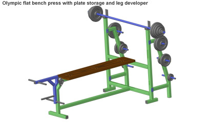 Olympic flat bench press with leg developer and plate storage plan