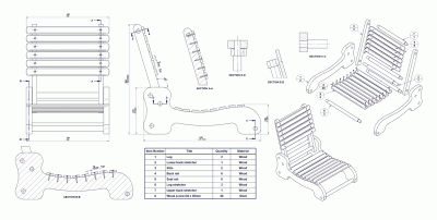 Portable folding beach chair - Parts list and assembly drawing
