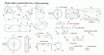 Road roller construction toy - Parts drawings