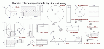 Wooden roller compactor kids toy - Parts drawings