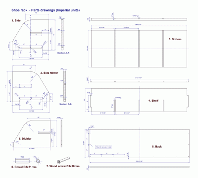 Shoe rack - Parts drawing (Imperial units - Inch)
