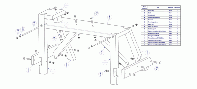 Sturdy sawhorse with mounted vise - Parts list and exploded view