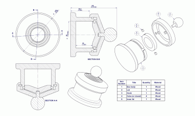 Turned box with combination lock lid - Assembly drawing and parts list
