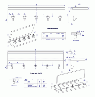 Vintage wall shelf with coat hooks - Assembly drawings and parts list