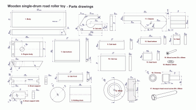 Wooden single-drum road roller toy - Parts drawings