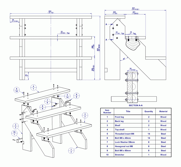 3-tier flower pot rack - Parts list and assembly drawing