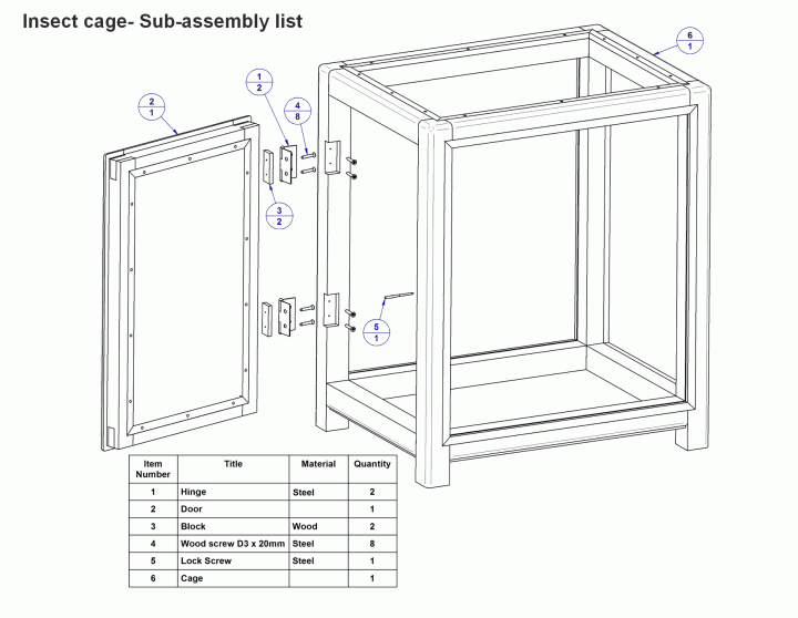 Insect cage - Sub-assembly list