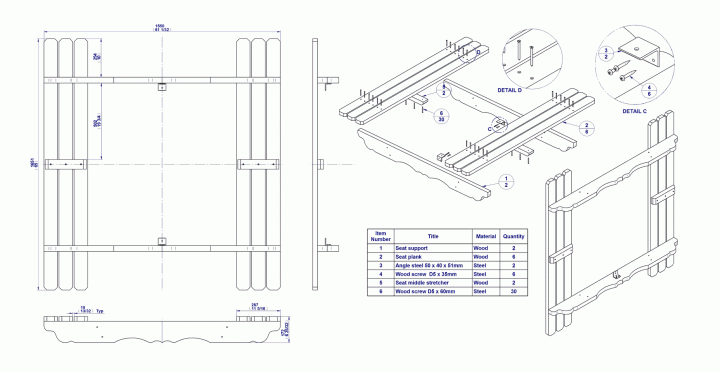 Picnic table - Seat subassembly parts list