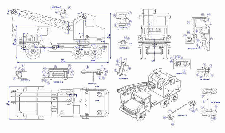 Truck with mounted crane model - Assembly drawing