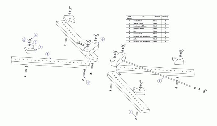 Adjustable 4 corner framing clamp - Parts list