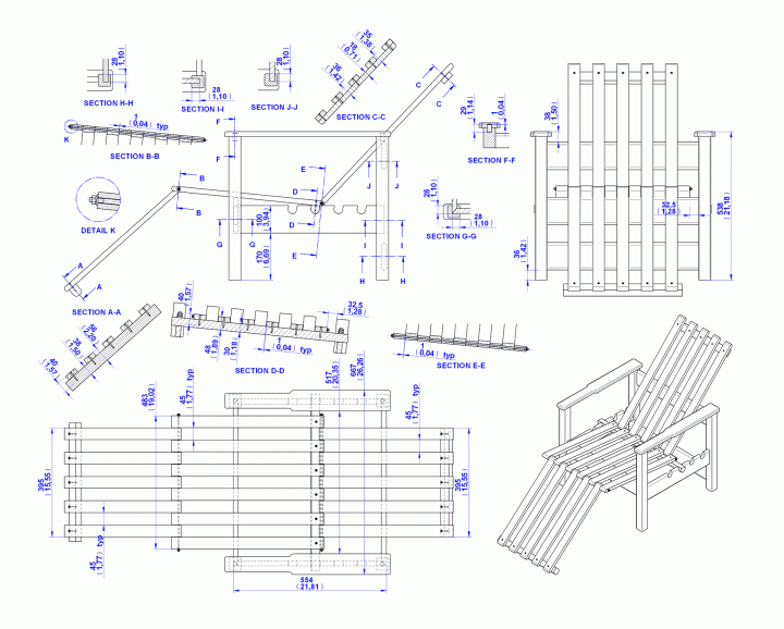 Adjustable wooden chair - Assembly drawing