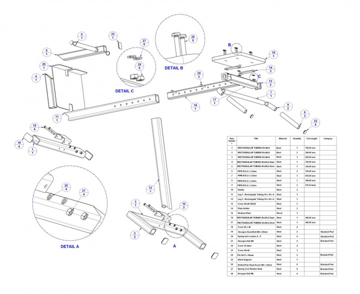 Back extension bench - Parts list