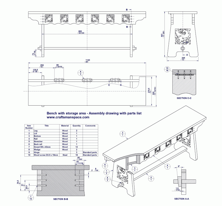Bench with storage area - Assembly drawing