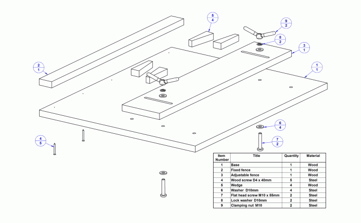 Board gluing fixture - Parts list