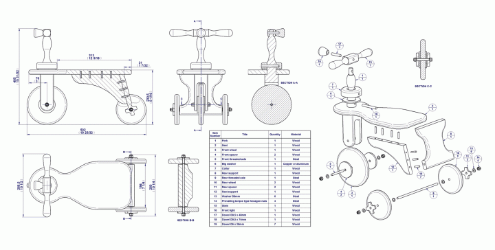 Children walker tricycle - Assembly drawing, exploded view and parts list