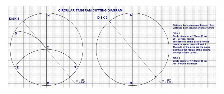 Circular tangram puzzle - Cutting diagram