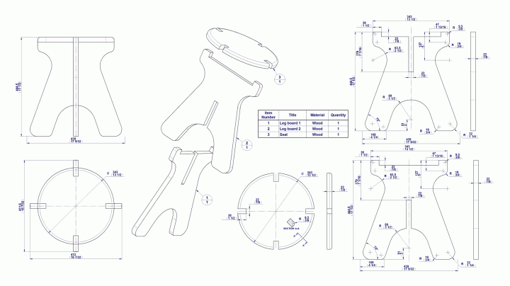 Collapsible stool - Parts and assembly drawing