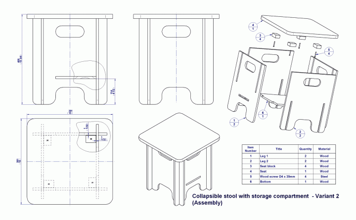 Collapsible stool with big storage compartment - Assembly drawing