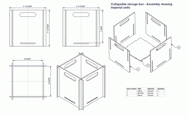 Collapsible storage box - Assembly drawing (Imperial units)