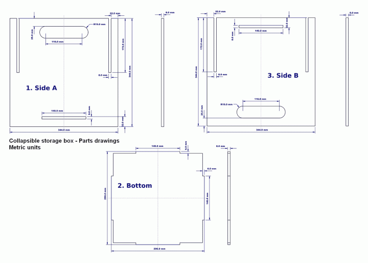 Collapsible storage box - Parts drawings (Metric units)