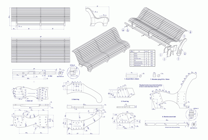 Contoured park bench - Assembly drawing, parts list, parts drawings and exploded view