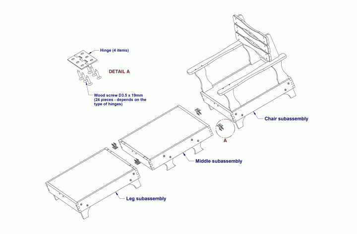 Double fold out chair bed plan - Exploded view and sub-assembly list