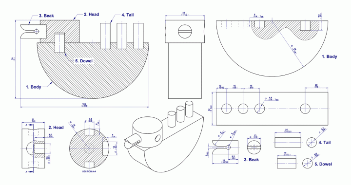 Duck toy figurine - Assembly and part drawings
